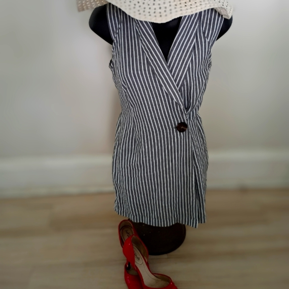 FAVLUX Grey and White Striped Wrap Mini Romper with Notched Collar